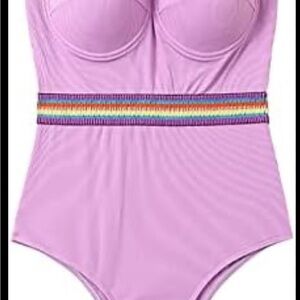 Purple One-Piece Swimsuit with Rainbow Waistband